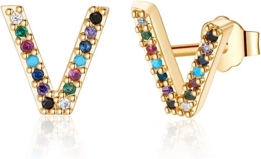 Memorjew Initial Stud Earrings for Women, Hypoallergenic 925 Sterling Silver Post Rainbow Cubic Zirconia Gold Plated 26 Initial Earrings for Women Jewelry Gifts