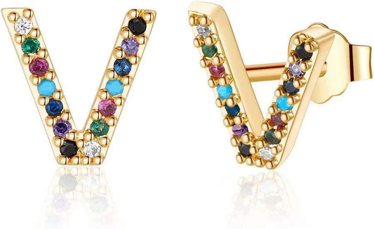Memorjew Initial Stud Earrings for Women, Hypoallergenic 925 Sterling Silver Post Rainbow Cubic Zirconia Gold Plated 26 Initial Earrings for Women Jewelry Gifts