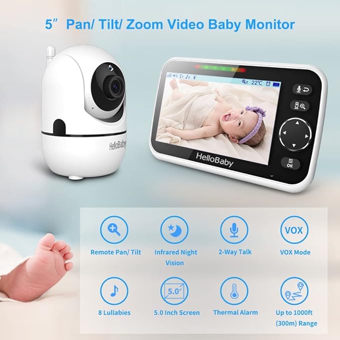 HelloBaby HB6550 5" Baby Monitor 4 Cameras No WiFi, 26-Hour Battery, Pan-Tilt-Zoom, 1000ft Range Video Audio Baby Monitor, ECO, Night Vision, 2-Way Talk, 8 Lullabies and Temperature, Ideal Gifts