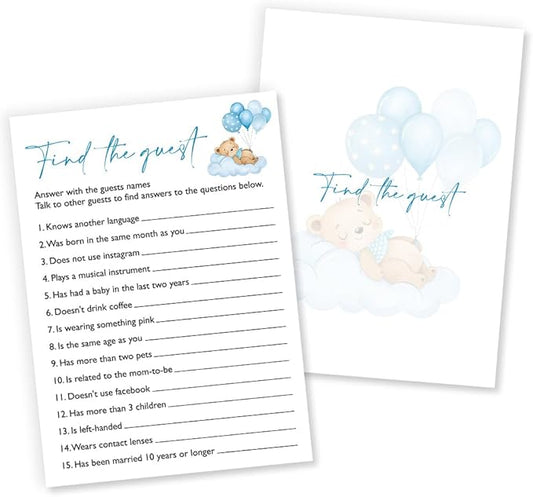 Find The Guest Baby Shower Game, 25 Double-Sided Blue Bear Games for Boys, Interactive Baby Boy Party Supplies, Baby Boy Celebrations - B05