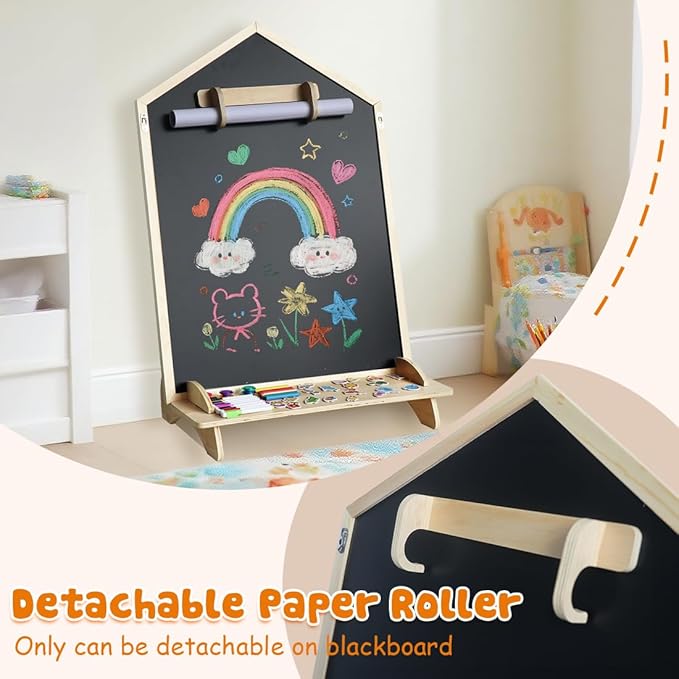 Double-Sided Magnetic Drawing Board for Kids- Chalkboard & Magnetic Whiteboard, Wood Frame Art Easel Board with Detachable Roller
