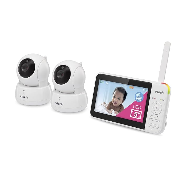 VTech VM924-2 Remote Pan-Tilt-Zoom Baby Monitor with 2 Cameras & Audio,5" LCD Screen,Up to 17Hrs Video Streaming&31Hrs Battery for Audio,Night Vision,1000ft Range,Soothing Sounds,Temperature Sensor