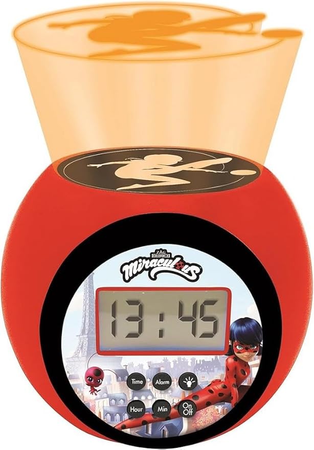 LEXiBOOK - Miraculous Projector Alarm Clock with Snooze Function and Alarm Function, Night Light with Timer, LCD Screen, Battery Operated, Red/Black, RL977MI