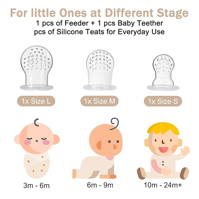 4 Pack Silicone Teething Mitten for Babies with Baby Fruit Food Feeder & Freezer Tray Set, BPA Free Infant Teething Relief Toy for 3 Month+, Additional Silicone Sacs (Bear&Smile Beige)