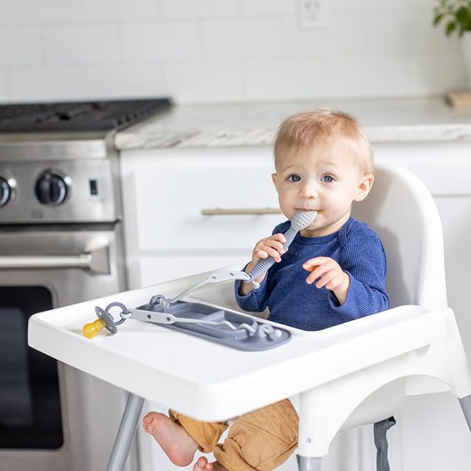 BUSY BABY Silicone Mini Mat - New and Improved Suction Cups, 2 Straps to Secure Baby Essentials, Self Feeding, Baby Led Weaning, Travel Wet Bag Included (Blue Mini)