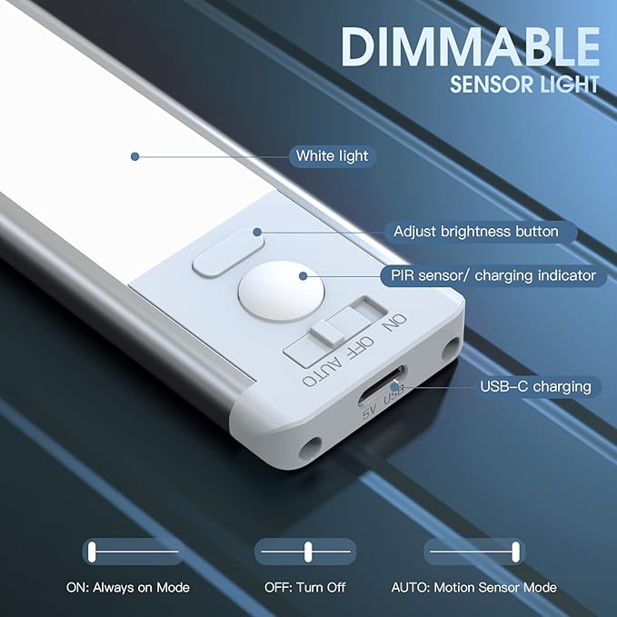 Under Cabinet Lighting, 14.7" Rechargeable Motion Sensor Light Indoor, 2 Pack Magnetic Dimmable Closet Lights, Wireless Under Counter Lights for Kitchen, Stairs,Hallway