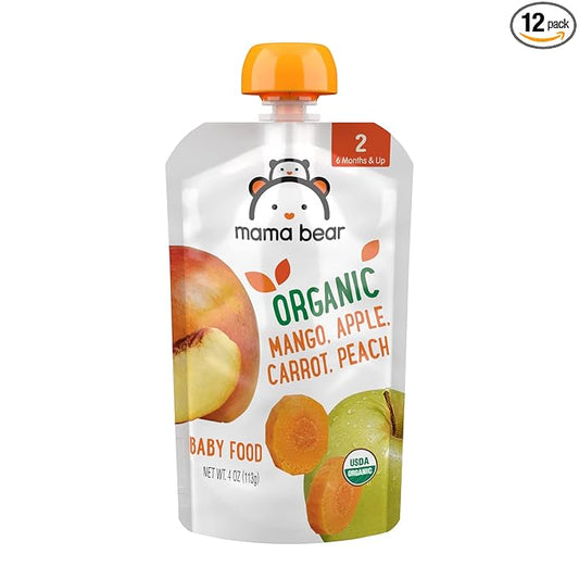 Amazon Brand - Mama Bear Organic Baby Food, Stage 2, Mango, Apple, Carrot, Peach, 4 ounce (Pack of 12)