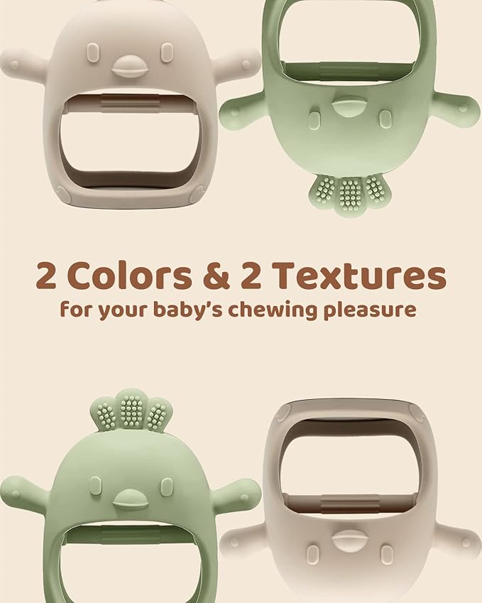 2 Packs Baby Teething Toy for 0-6 6-12 Months, Food Grade Silicone Teething Mitten, Anti Dropping Wrist Hand Teethers Baby Chew Toys for Sucking Needs, BPA Free (Green & Caramel)