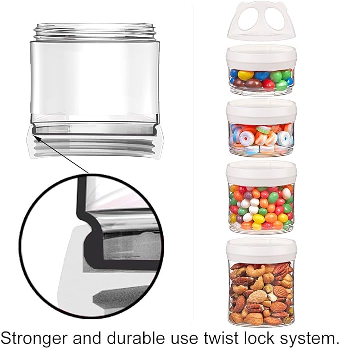 SELEWARE Portable Stackable Food Storage Containers for Snacks Formula Powder and Drinks Twist Lock System Airtight Leak-proof BPA and Phthalate Free 4 Piece Jars 31oz, White