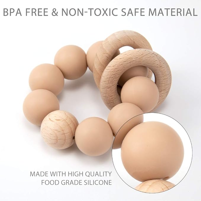 Silicone Baby Teether, Food Grade Silicone & Beech Baby Teething Toy, BPA Free (White)