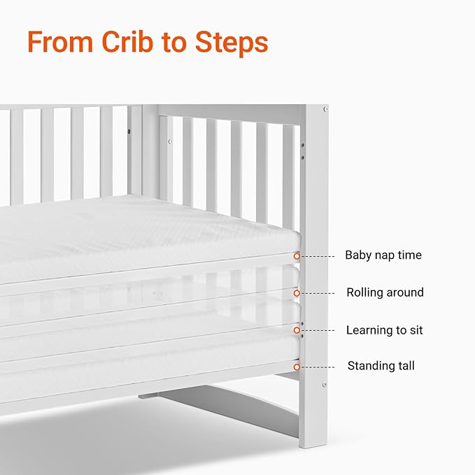 EvoNest Baby Crib, 6 in 1 Convertible Mini Crib with Wheels, 100% New Zealand Pinewood Growing Bed, 4 Adjustable Mattress Height， (Milk)
