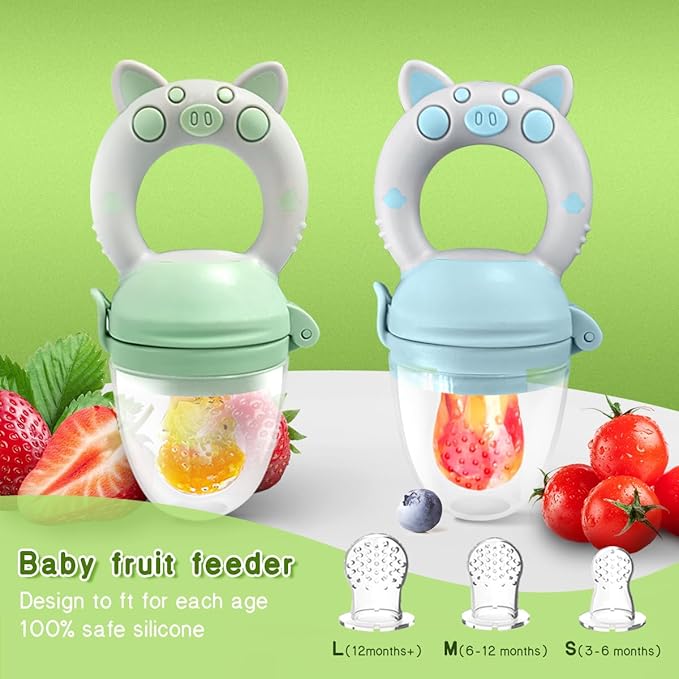 Baby Solids/Frozen Fruit Feeder Pacifier, Infant Teether Toy 4M+, BPA-Free Silicone Pouch & Nipple, Safely Introduce Solids, Teething Relief, 2-Pack - Gray (Piglet)