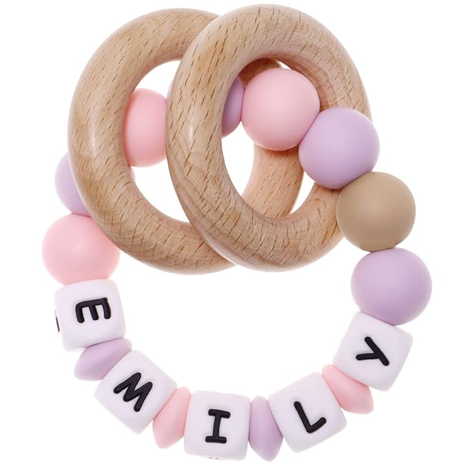 Personalized Teether Rattle Toy with Name,Custom Name Teething Ring for Boys Girls Baby Gift