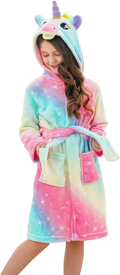 Doctor Unicorn Girls Fleece Hooded Robe Toddler Warm Fuzzy Bathrobe