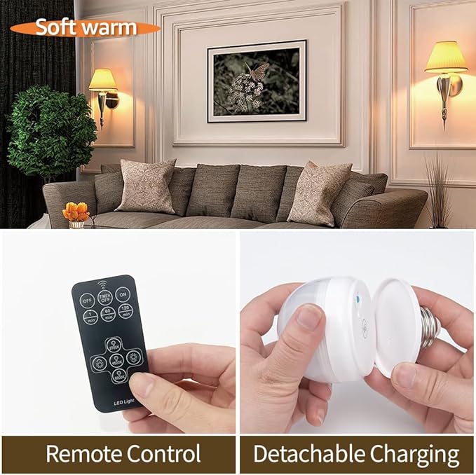 BLUEYE Rechargeable Light Bulbs,2Pack,7W,Remote Control,Soft Warm 2700K-6000K,50W Equivalent,450Lumens,Flicker-Free,E26 Detachable Charging,E12 Available,Battery Operated Emergency Lamp for No Outlet