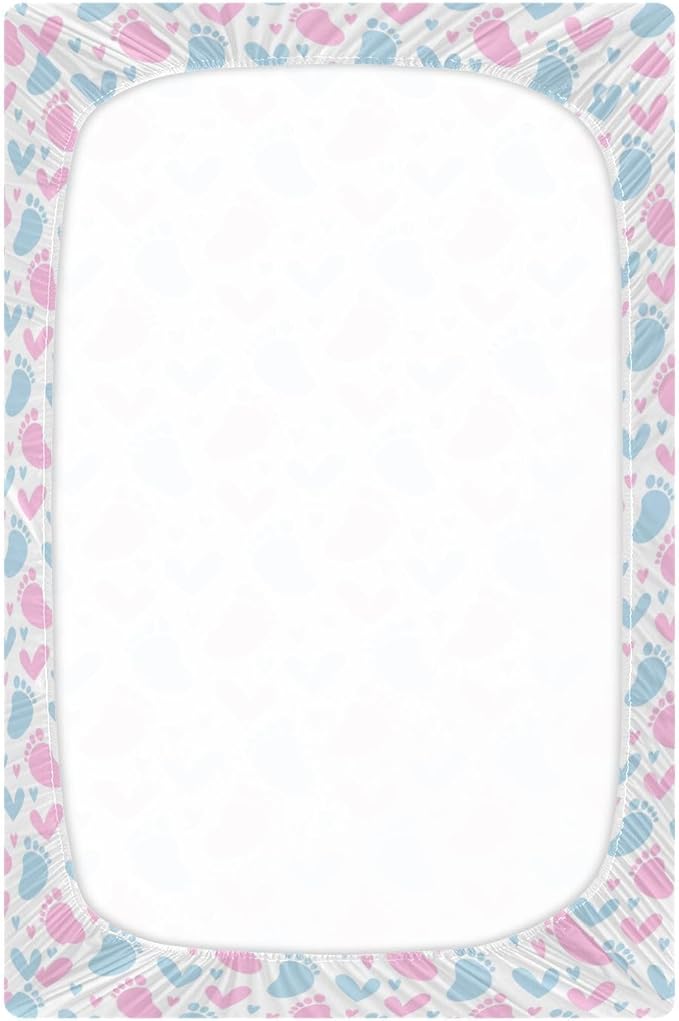 Baby Crib Sheets Pink and Blue Footprint Crib Sheets for Boys Girls,Neutral Bassinet Toddler Bed Play Sheets Breathable Soft and Portable 52 * 28 * 9in