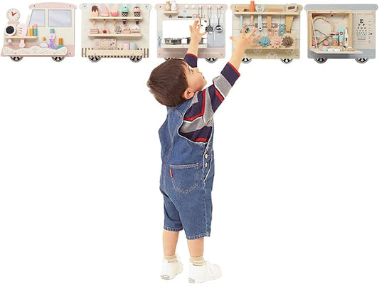 JOYMOR Wooden Train Wall Busy Board Activity, Sensory Wall Panel for Kids, Toddler Montessori Learning Activity Center for Playroom,Daycare, Ideal Educational Gift