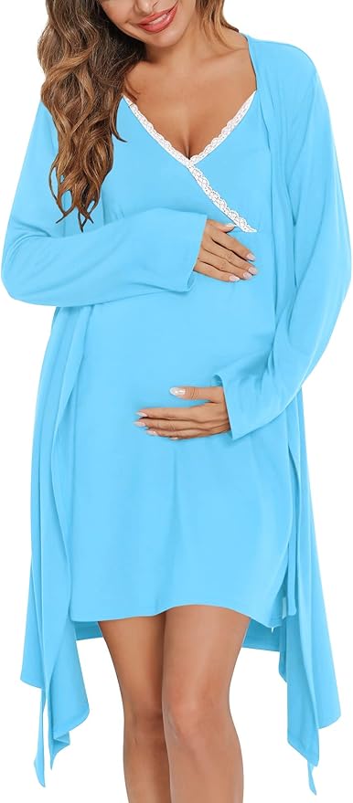 SWOMOG Womens Maternity Robe 2 Piece Nursing Nightgown for Breastfeeding 3 in 1 Labor Delivery Nursing Dress Lace Bathrobe