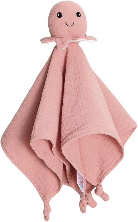 Organic Cotton Muslin Loveys for Babies,Security Blankets for Baby Lovey,Unisex Baby Essentials Neutral,Baby Registry Search,Newborn Baby Gifts for Boys and Girls (Octopus Pink)