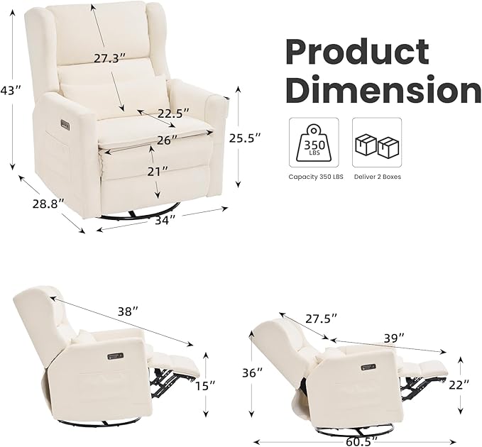 Oversized Swivel Rocker Recliner with Adjustable Headrest, 26" Extra Wide Glider Recliner Nursery Chair with Double Cushion, Chenille Glider Rocking Chair for Living Room,Cup Holder,White