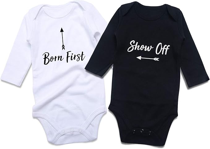 DEFAHN Funny Twins Baby Bodysuits Boys Girls Rompers 2 Pack Twin Matching Clothes Outfits for Newborn Infant