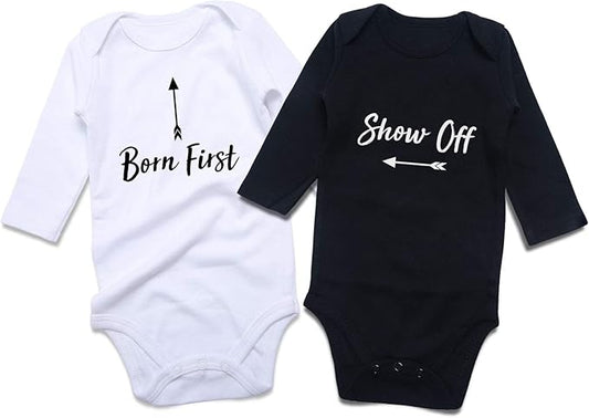 DEFAHN Funny Twins Baby Bodysuits Boys Girls Rompers 2 Pack Twin Matching Clothes Outfits for Newborn Infant