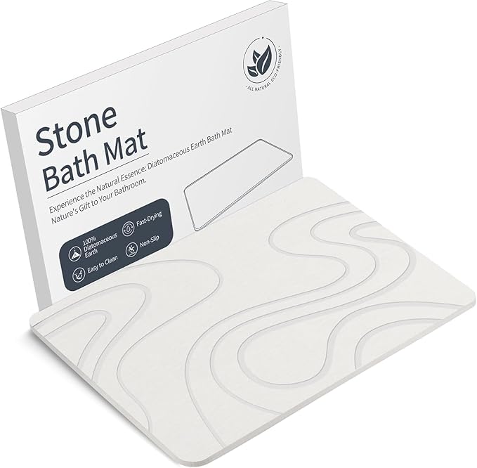 Stone Bath Mat Diatomaceous Earth Shower Mat Non-Slip Super Absorbent Diatomite Stone Mats for Bathroom Floor/Kitchen Counter Quick Drying Natural Easy to Clean(23.6''×15.4" White)