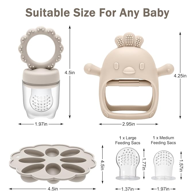 Baby Silicone Fruit Food Feeder Pacifier & Breastmilk Popsicle Freezer Molds,BPA Free Food Storage Containers Frozen Ice Tray for Babies Feeding Safely, Infant Fruit Teething Toy (Beige)