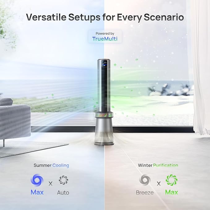 Dreo Air Purifier Tower Fan, 45" 2-in-1 Smart Fan for Bedroom, 27ft/s Velocity, 120°Oscillation, 24H Timer Bladeless Fans for Home, 25dB Low Noise, Standing Fan Works with Alexa, MC710S, Silver Orange