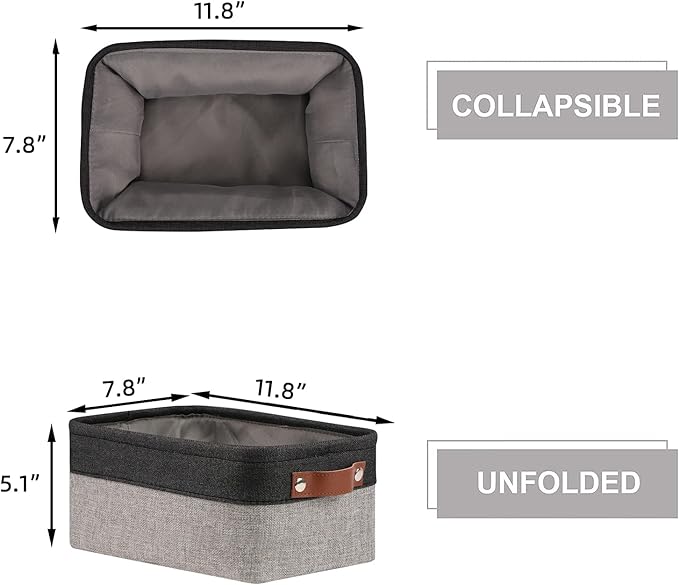 HNZIGE Small Storage Baskets Fabric Bins(6-Pack)Baskets for Shelves, Empty Gift baskets with Leather Handles,Folable Baskets for organizing Clothes, Toys, Books, Gifts(Black&Gray,11.8" x 7.8" x 5.1")