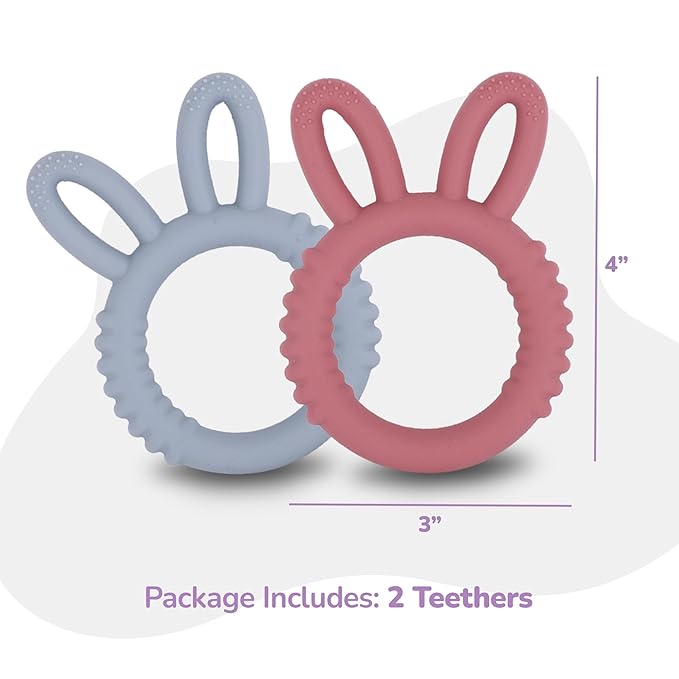 ArtCreativity Bunny Ears Teethers for Baby - Set of 2 Teething Rings - Silicone Baby Teething Toys - 0 6 12 Month Old Girl and Boy Teether Toys - Cute Bunny Gifts for Newborns
