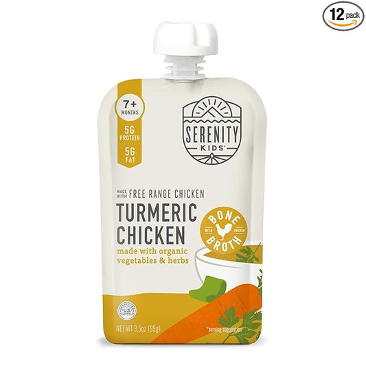 Serenity Kids 7+ Months Chicken Puree Pouch with Bone Broth - Pasture-Raised Turmeric & Veggie Blend - Clean Label Project Purity Award Certified - 3.5 Oz, 12 Pack