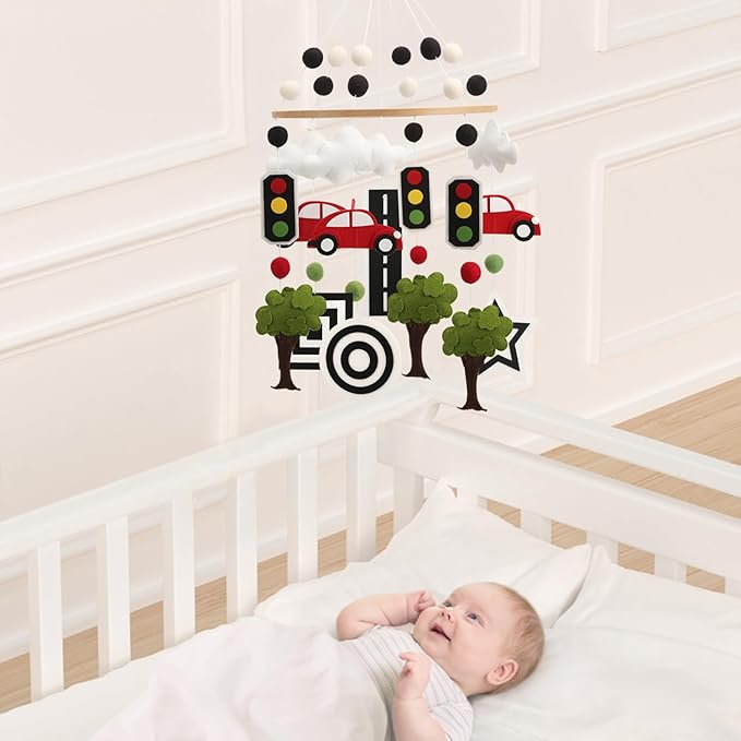 High Contrast Mobile - Black and White Crib Mobile for Development with red Cars, Green Trees and Black and White Patterns