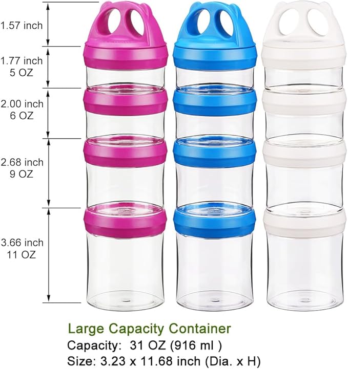 SELEWARE Portable Stackable Food Storage Containers for Snacks Formula Powder and Drinks Twist Lock System Airtight Leak-proof BPA and Phthalate Free Red Blue and White