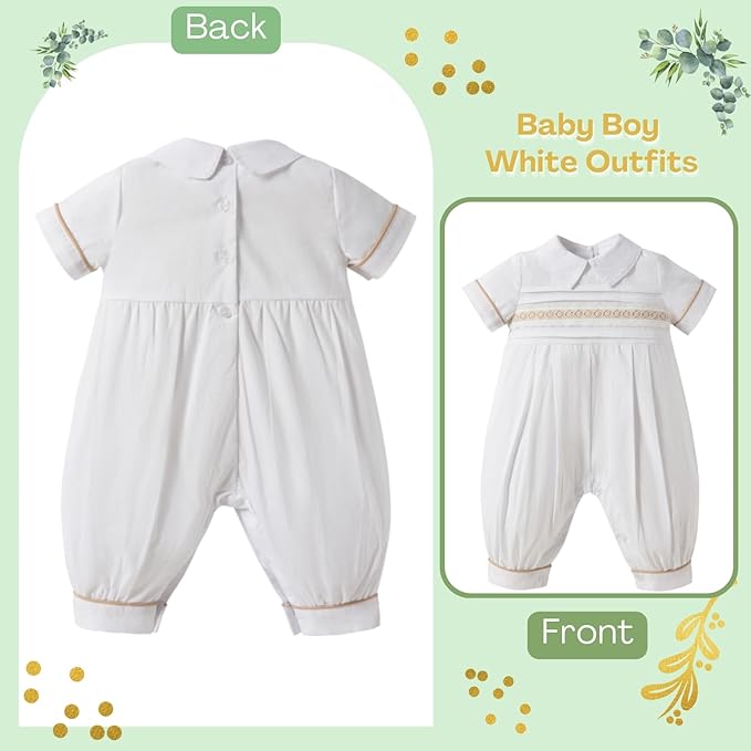 Booulfi Baptism Christening Outfits for Boys Easter White Romper Baby Romper Church Newborn Clothes