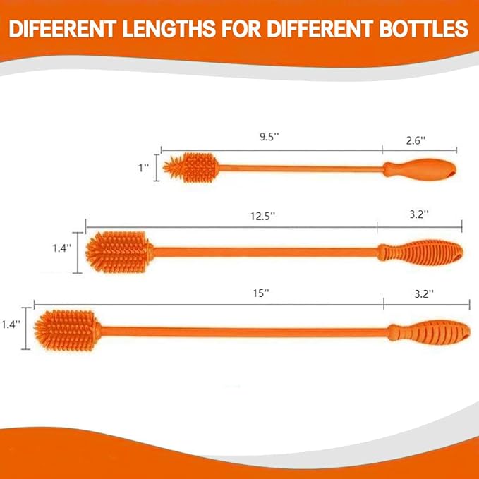 Silicone Bottle Brush Cleaner Set of 3，Long Handle Bottle Cleaning Brushes for Narrow Neck Containers, Water Bottles, Thermos, Hydro Flasks, Coffee Mugs,Baby Bottles (Orange Upgraded Version)
