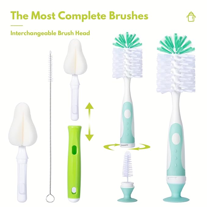 Baby Bottle Brush with One Base Hidden Nylon Nipple Cleaner, 2 Pcs Sponge Nipple Brushes, 2 Pcs Straw Brushes, Bottle Brush with Nipple Cleaner and Suction Cup (Green)