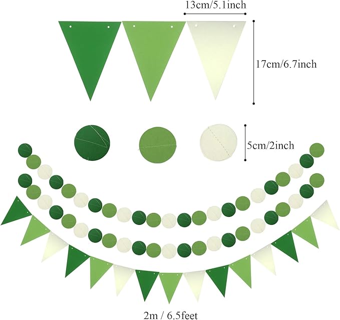 ZERODECO Party Decoration, 21 Pcs Green Hanging Paper Fans, Pom Poms Flowers, Garlands String Polka Dot and Triangle Bunting Flags for Golf Party Dinosaur Birthday Parties Arbor Day