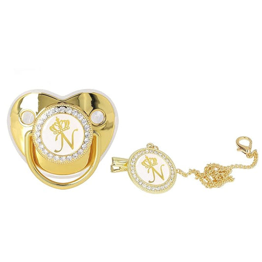 Personalized Golden Letter Baby Pacifier with Clips, Anti-Dust Cover, Letter N Design for Newborn Photography, Baby Shower