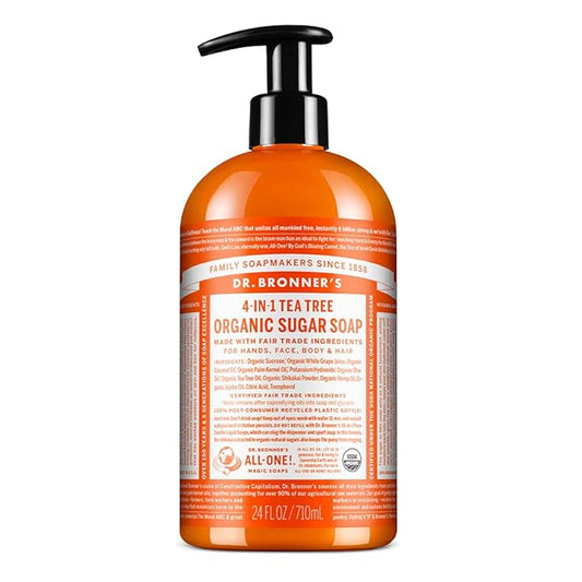 Dr. Bronner's - Organic Sugar Soap (Tea Tree, 24 Ounce) - Made with Organic Oils, Sugar and Shikakai Powder, 4-in-1 Uses: Hands, Body, Face and Hair, Cleanses, Moisturizes and Nourishes, Vegan