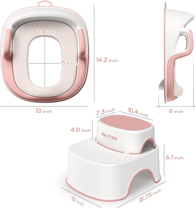 Potty Training Seat with Step Stools, Maliton Potty Training Toilet for Toddlers Girls with Splash Guard, Anti-Slip Toddler Stool for Bathroom, One Potty Seat and 2 in 1 Step Stool for Kids (Pink)