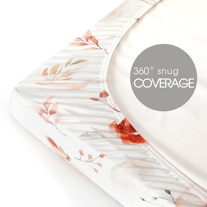 Stretchy Ultra Soft Jersey Knit Pack n Play Sheets Set 2 Pack, Portable/Mini Crib Sheets with Deep Pocket, Universal Fit Playard Pads Safe and Snug, Pretty Rose Flora for Girls, Orange Pink