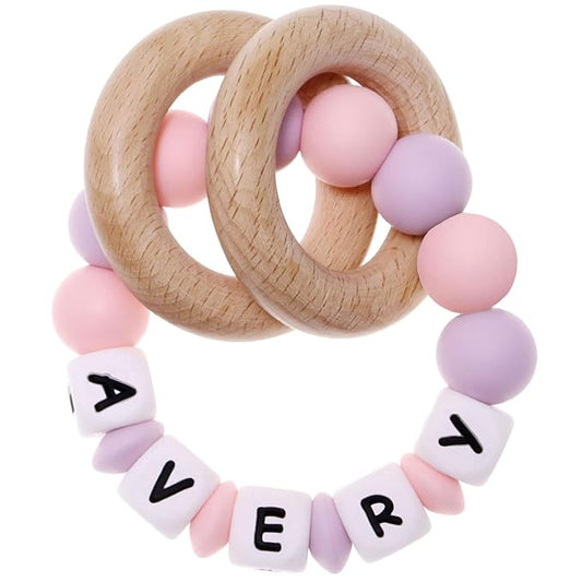 Munchewy Personalized Teether with Name for Boys Girls Baby Shower-LightPink/Lightpurple