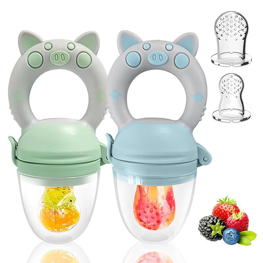 Baby Solids/Frozen Fruit Feeder Pacifier, Infant Teether Toy 4M+, BPA-Free Silicone Pouch & Nipple, Safely Introduce Solids, Teething Relief, 2-Pack - Gray (Piglet)