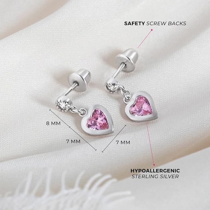 925 Sterling Silver Dangle Cubic Zirconia Heart Safety Screw Back Earrings For Young Girls -Heart Dangle Earrings With Security Backs For Young Children