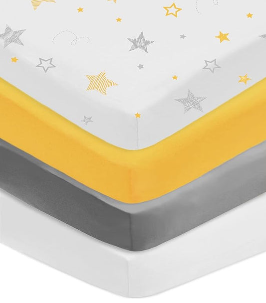 American Baby Company 4 Pack Fitted Crib Sheets 28" x 52", Soft Breathable Neutral 100% Cotton Jersey Sheet, Yellow/Yellow Stars/Gray/White, for Boys and Girls, Fits Crib and Toddler Bed mattresses