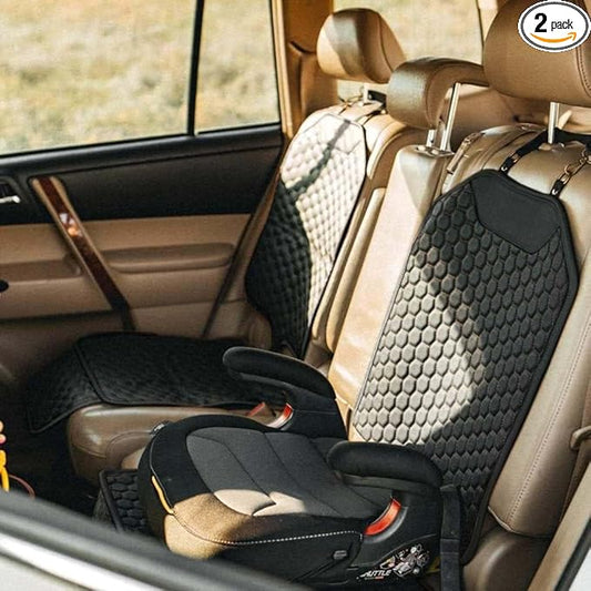Premium Leather Car Seat Protector 2 Pack for Child Cover from Dirt - Infant Protector for Back/Front Booster Protector Under Baby Car Seat Waterproof Black