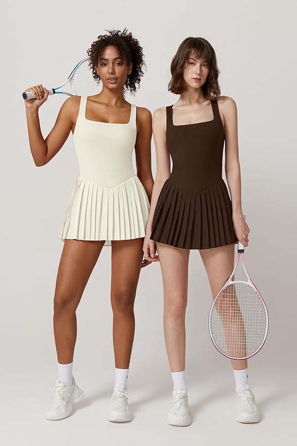QINSEN Womens Square Neck Tennis Dress Pleated Sleeveless Built in Shorts Golf Athletic Dress with Pockets