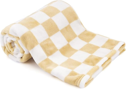 Plush Checkered Baby Blanket for Boys Girls Nursery, 30"*40" Warm Short Fleece Blanket Neutral for Infant Newborn, Small Fuzzy for Sleeping, Chenille or Stroller (Sand Yellow&White)
