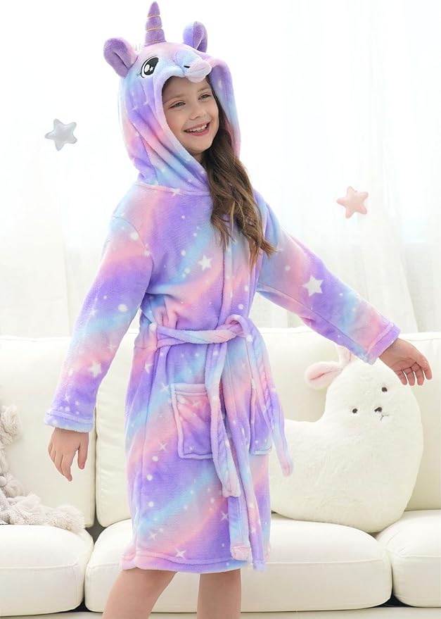 Doctor Unicorn Girls Fleece Hooded Robe Toddler Warm Fuzzy Bathrobe